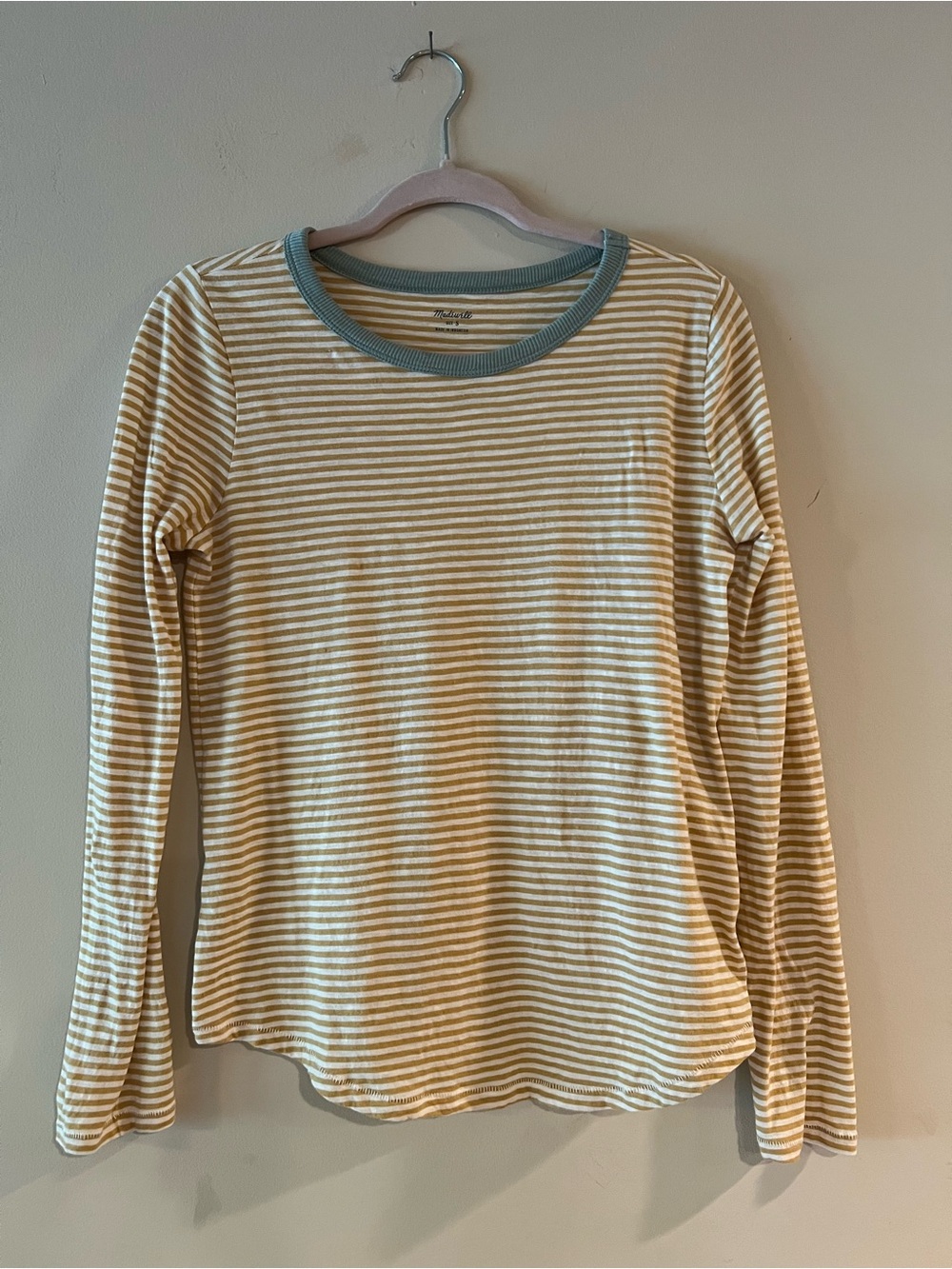 Madewell Striped Long-Sleeve Crewneck Top in Cream, Tan and Blue Trim